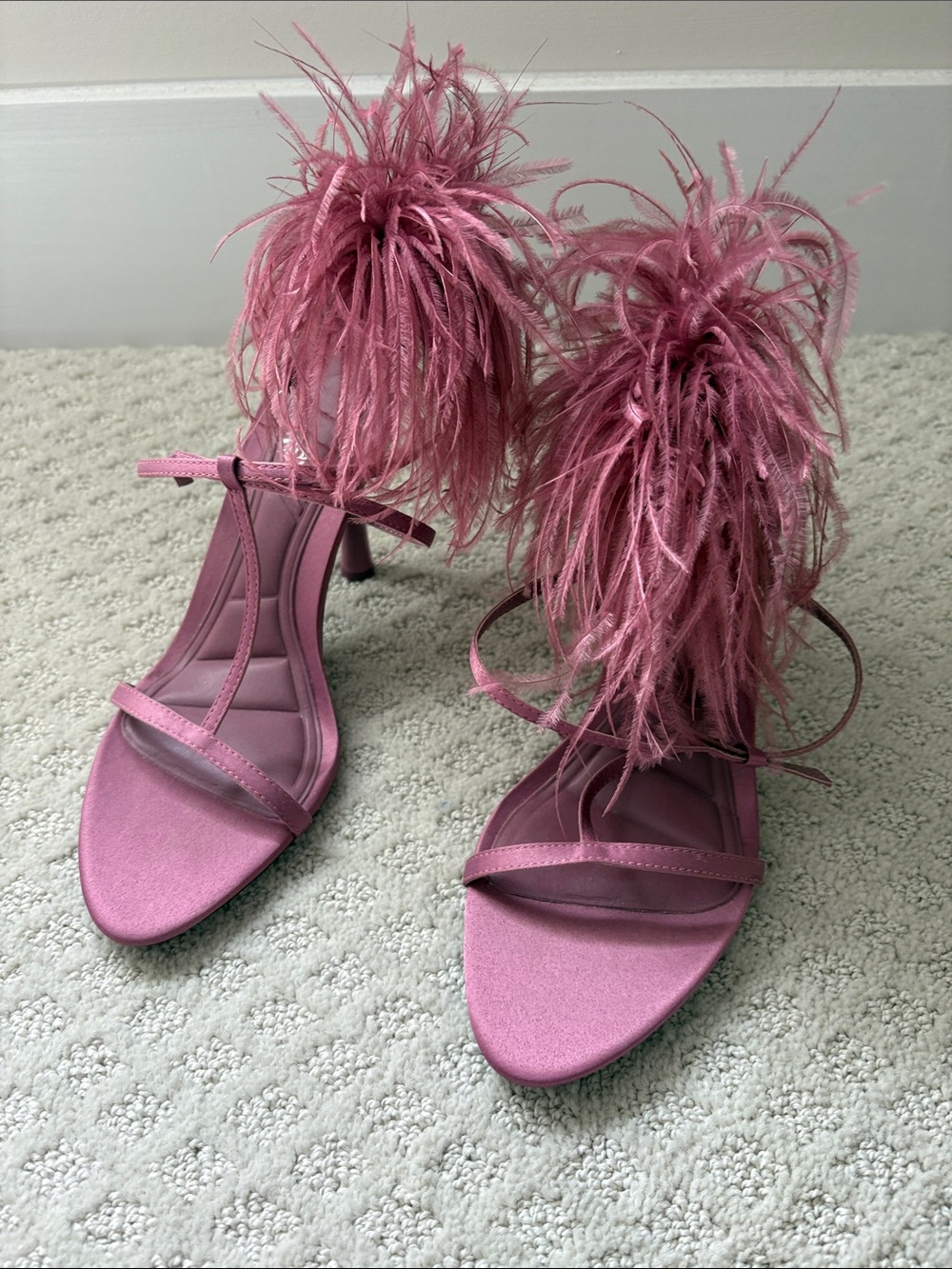 Zara Purple Feather-Trim Satin High Heels